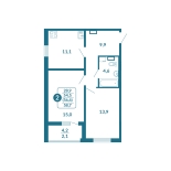 2-комнатная, 56.6 м², жилая: 54.5 м², кухня: 11.1 м²
