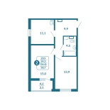 2-комнатная, 56.6 м², жилая: 54.5 м², кухня: 11.1 м²