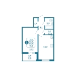 1-комнатная, 43.3 м², жилая: 41.3 м², кухня: 15.2 м²