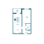 2-комнатная, 47.9 м², жилая: 45.9 м², кухня: 7.3 м²