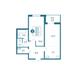 2-комнатная, 58.1 м², жилая: 56.1 м², кухня: 7.3 м²