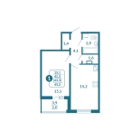1-комнатная, 43.3 м², жилая: 41.3 м², кухня: 15.2 м²