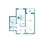 2-комнатная, 58.1 м², жилая: 56.1 м², кухня: 7.3 м²