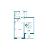 1-комнатная, 43.3 м², жилая: 41.3 м², кухня: 15.2 м²